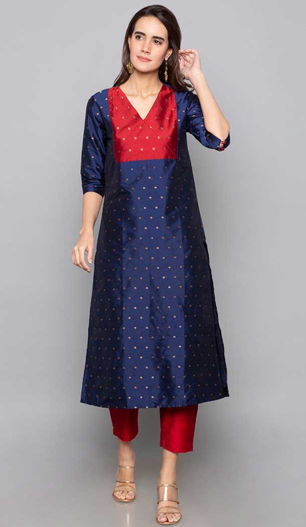 Navy Blue Color Art Silk Woven Work Party Wear Designer Readymade Kurti -6025166467