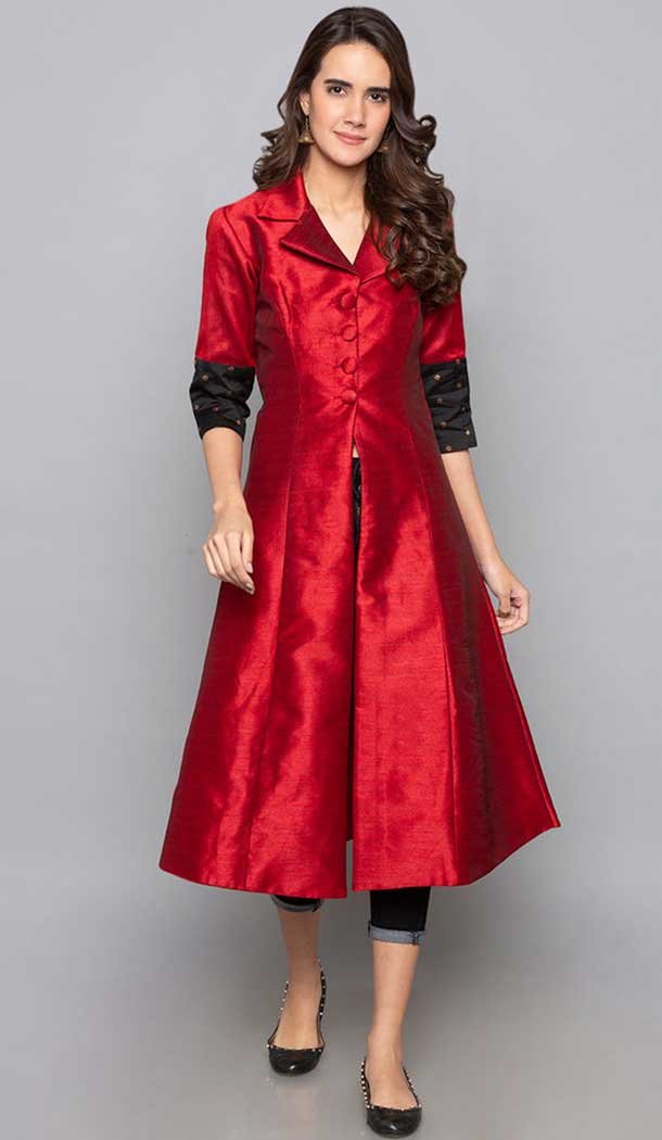 Woven Work Red Color Art Silk Party Wear Designer Readymade Kurti With Bottom -6025166469