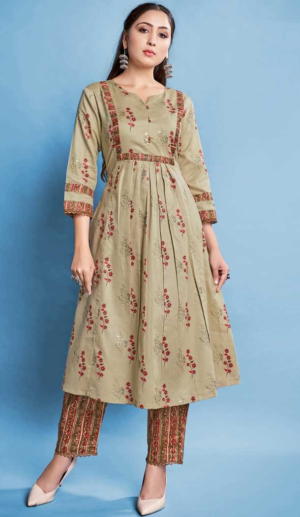 Printed Work Beige Color Cotton Casual Wear Designer Readymade Kurti -6027166475