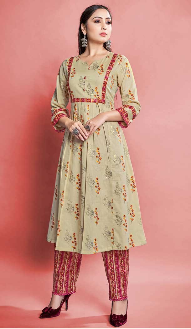 Casual Wear Beige Color Cotton Printed Work Designer Readymade Kurti -6027166476