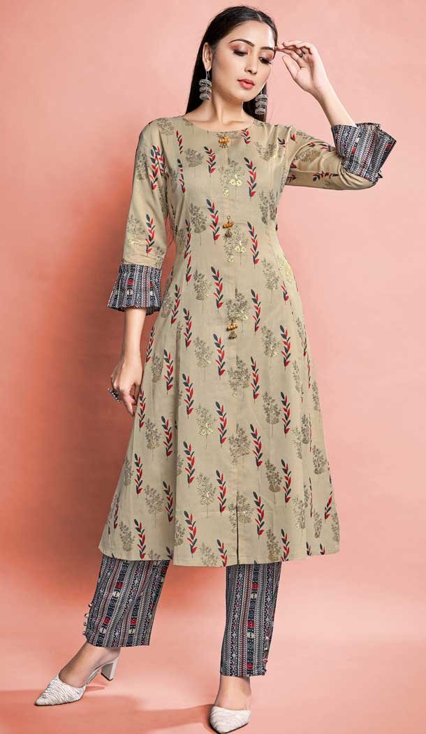 Cotton Printed Work Casual Wear Designer Readymade Kurti In Beige Color -6027166479