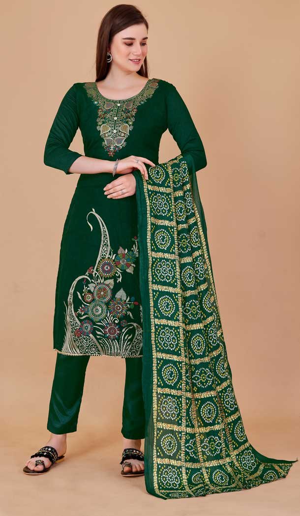Green Color Banarasi Meenakari Jacquard Work Casual Wear Salwar Kameez -6039166590