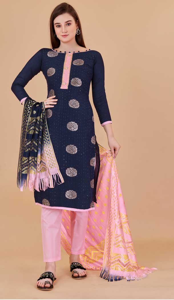Navy Blue Color Banarasi Resham Work Festival Wear Salwar Kameez -6040166598