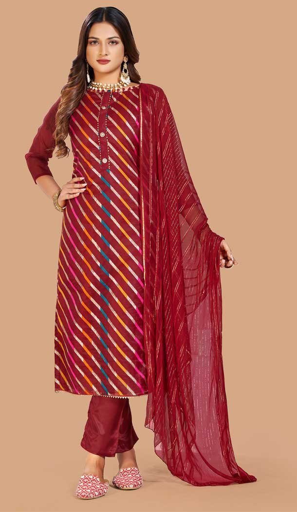 Maroon Color Organza Leheriya Jacquard Woven Work Festival Wear Salwar Kameez -6041166617