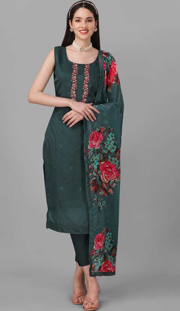 Teal Green Color Chanderi Cotton Resham And Sequins Work Festival Wear Salwar Kameez -6044166639