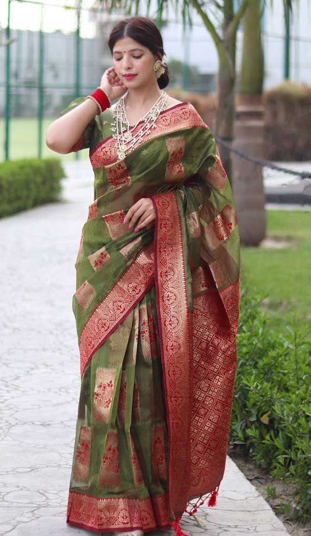 Mehendi Green Color Soft Organza Golden Zari Weaving Work Party Wear Saree -6056166767