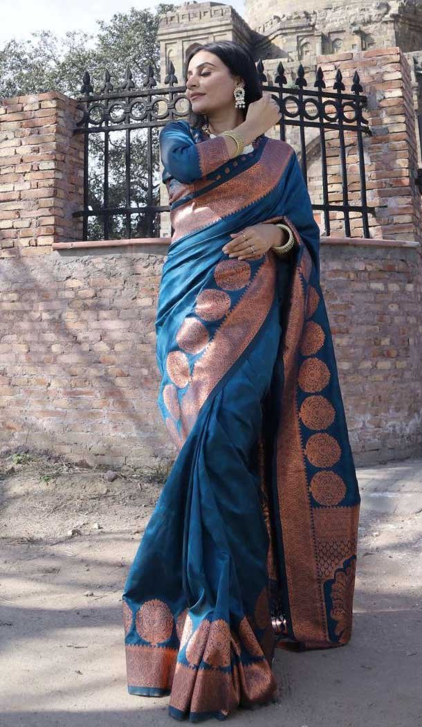 Rama Color Banarasi Soft Silk Copper Zari Weaving Work Party Wear Saree -6057166773