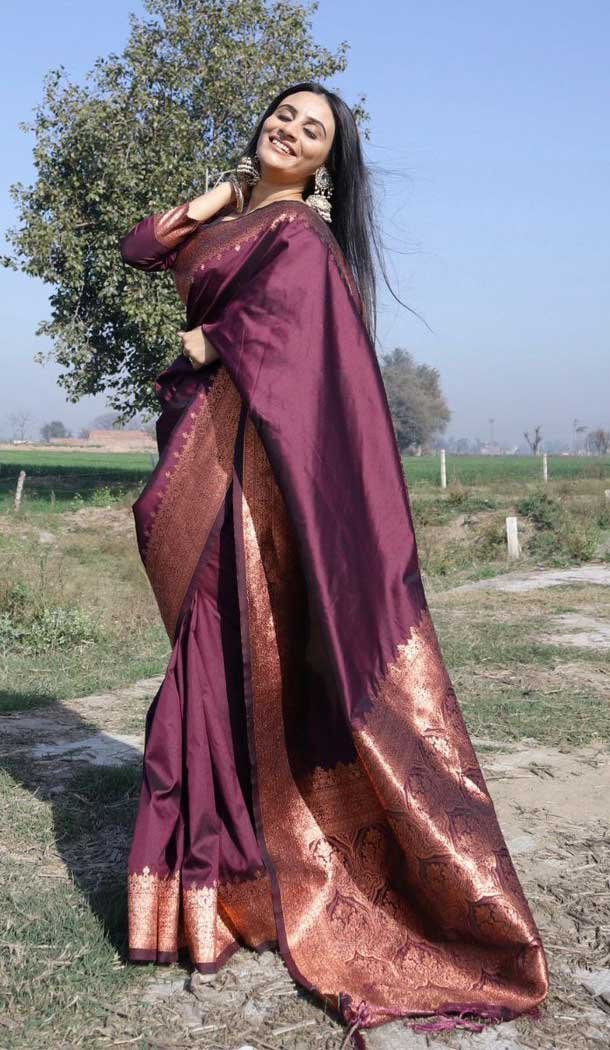 Wine Color Banarasi Soft Silk Copper Zari Weaving Work Party Wear Saree -6057166774