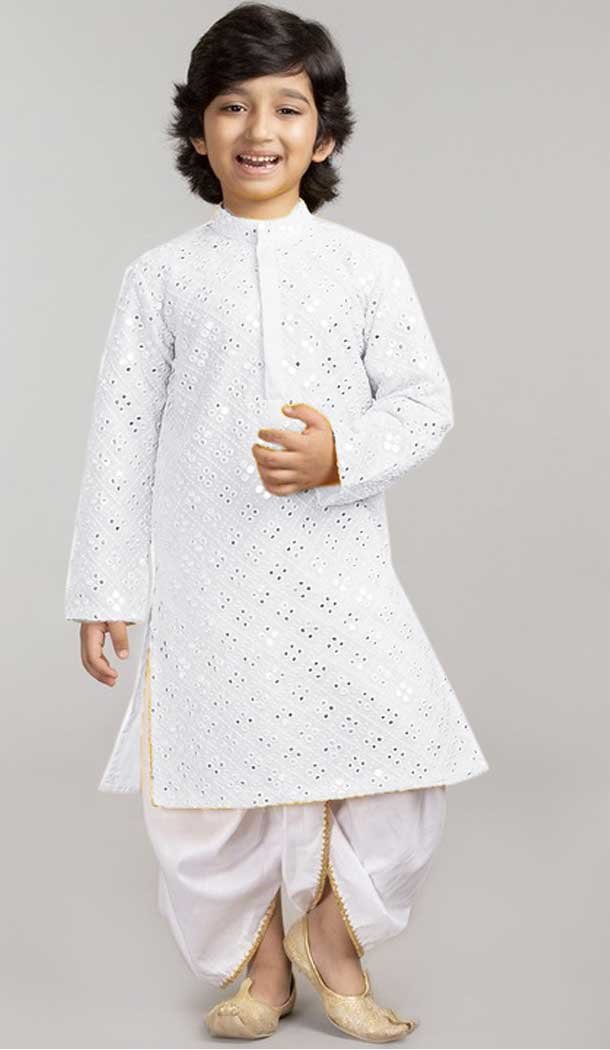 White Color Georgette Mirror Work Designer Kid's Kurta Pajama -6068166890