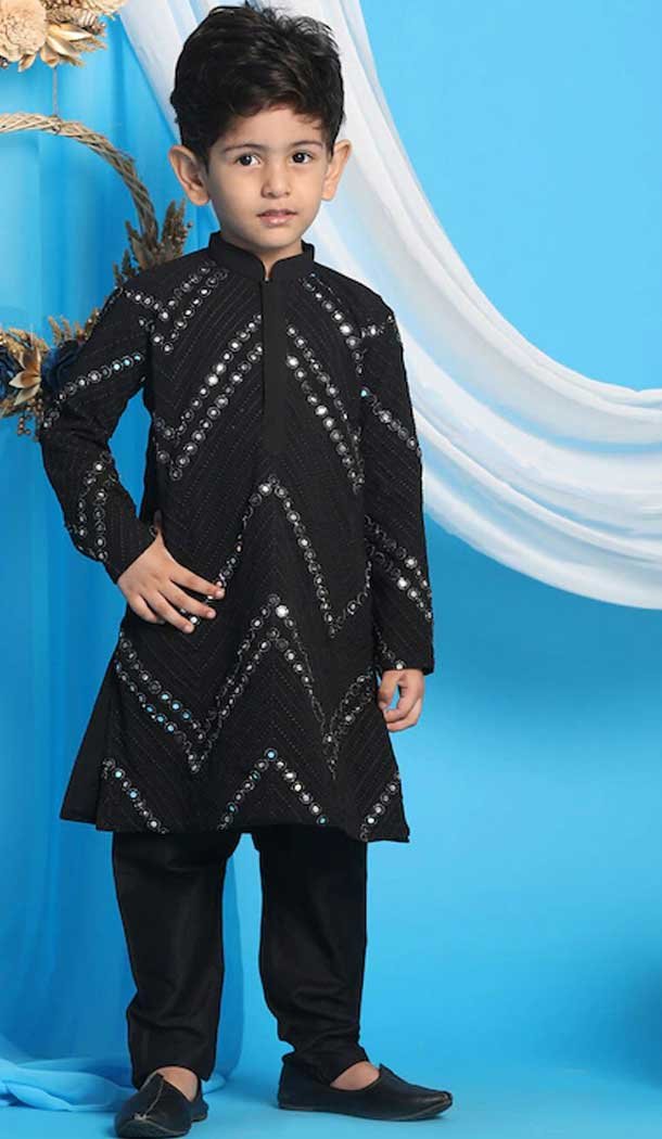 Black Color Georgette Mirror Work Festive Wear Designer Kid's Kurta Pajama -6069166925