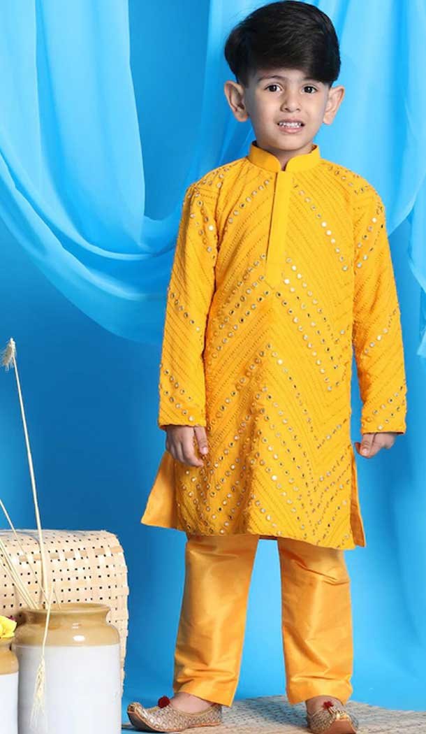 Mustard Color Georgette Mirror Work Festive Wear Designer Kid's Kurta Pajama -6069166926