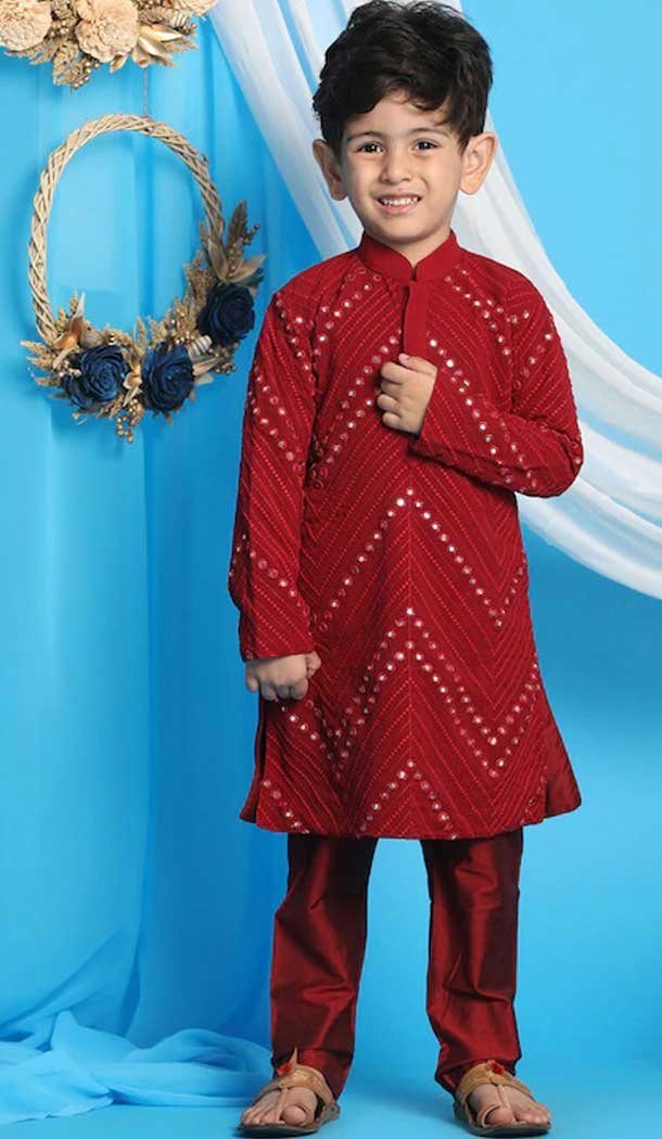 Maroon Color Georgette Mirror Work Festive Wear Designer Kid's Kurta Pajama -6069166927