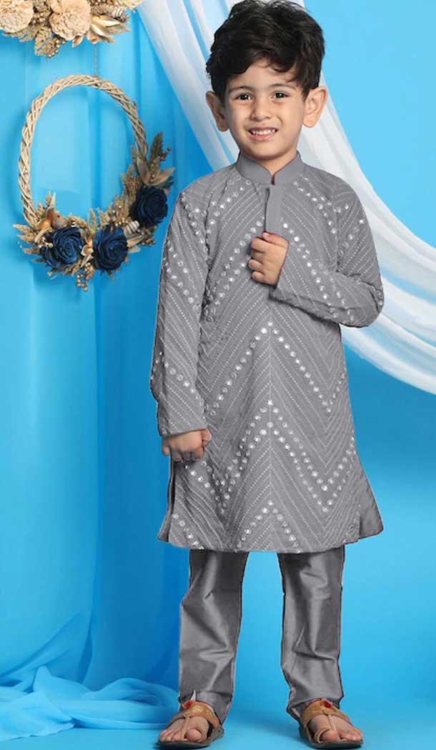 Grey Color Georgette Mirror Work Festive Wear Designer Kid's Kurta Pajama -6069166928