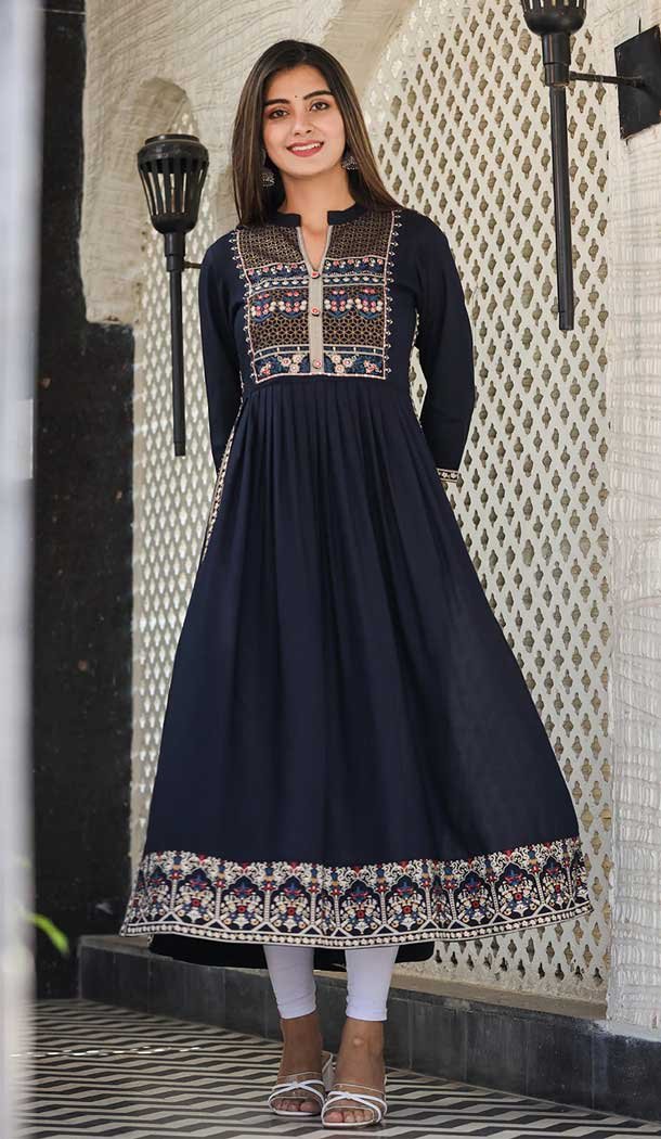 Navy Blue Color Rayon Digital Print Work Designer Readymade Kurti -6082167077