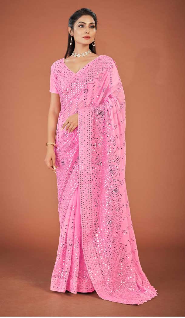 Alluring Pink Color Georgette Embroidery Work Party Wear Women Saree Blouse -6094167151