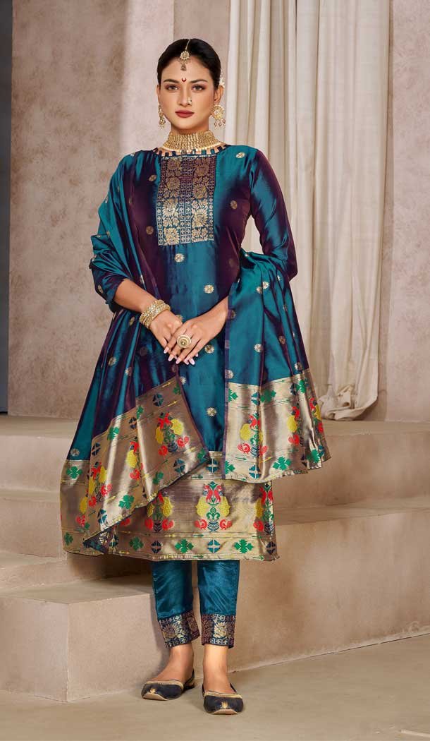 Pure Tapeta Silk Jacquard Work Dark Teal Blue Color Casual Party Wear Salwar Suit -6134167486