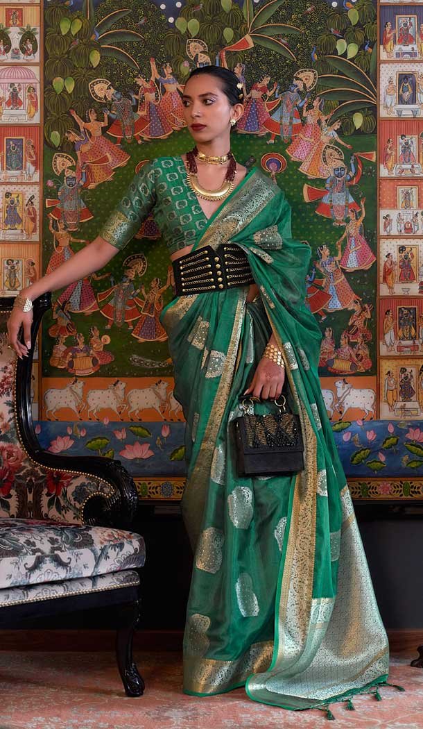 Enigmatic Green Color Organza Weaving Work Traditional Party Wear Saree Blouse -6141167548