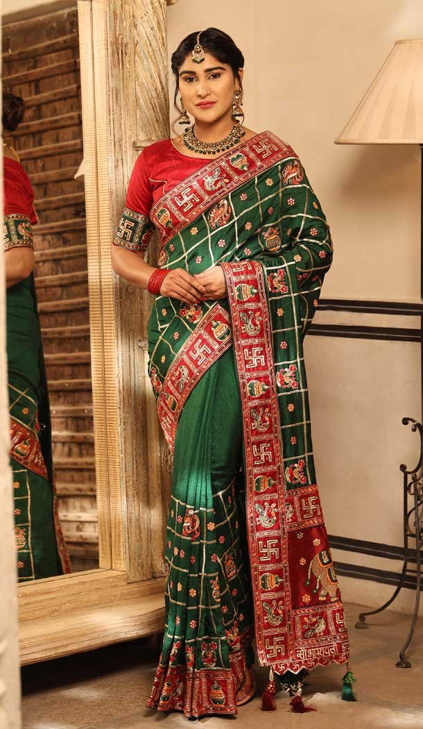 Green Color Heavy Soft Silk Embroidery Work Designer Wedding Saree -6147167579