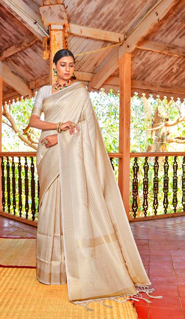White Color Weaving Silk Jacquard Work Traditional Wear Women Saree -6210167997