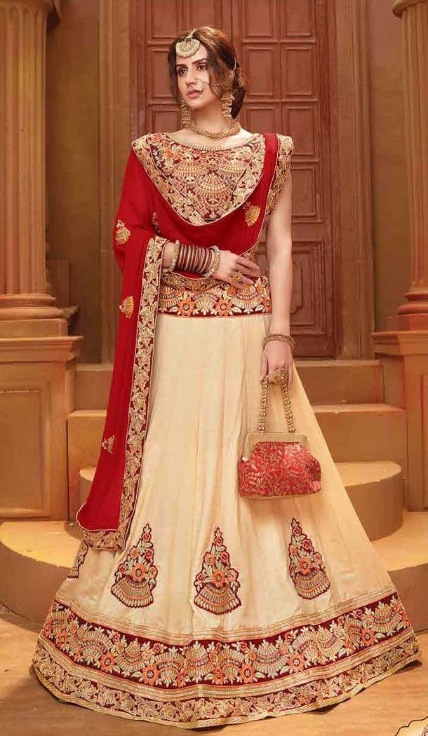 Cream and red Color Net with Silk based Designer Embroidered Party Wear Lehenga | FHBEGS10565