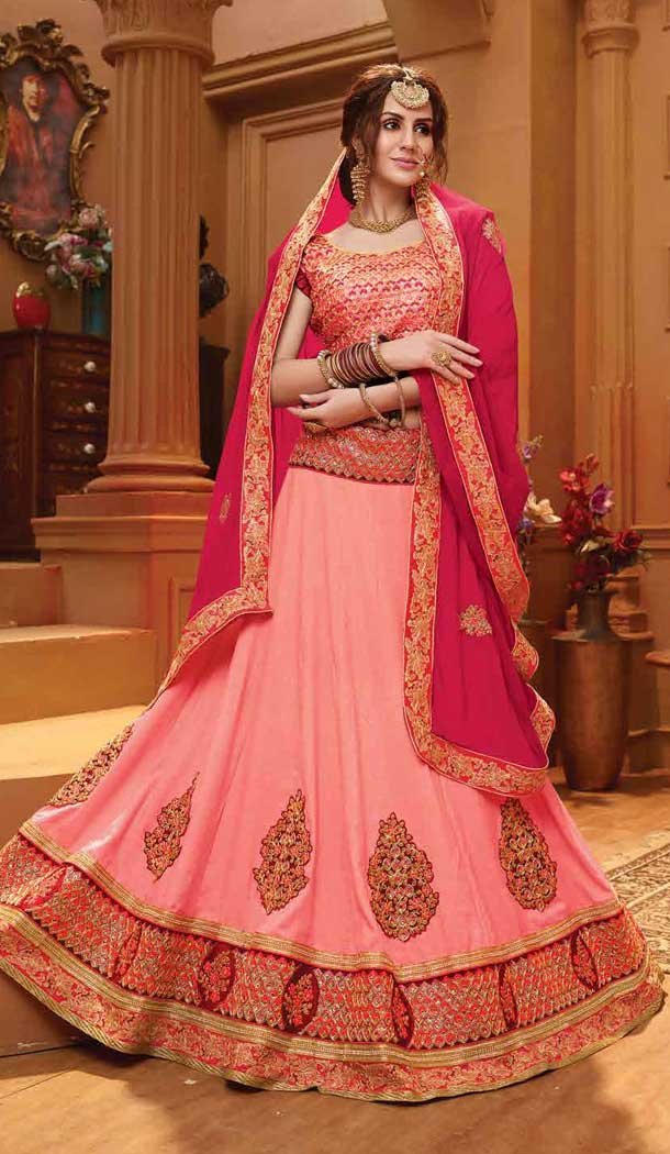 Light pink and Pink Color Net with Silk based Designer Embroidered Party Wear Lehenga | FHBEGS10568