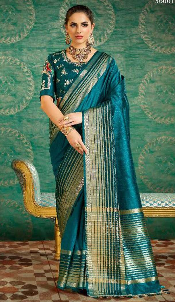 Dark Turquoise Blue Color With Kesar Silk Embroidered Indian Traditional Sarees | FHBEKD36001