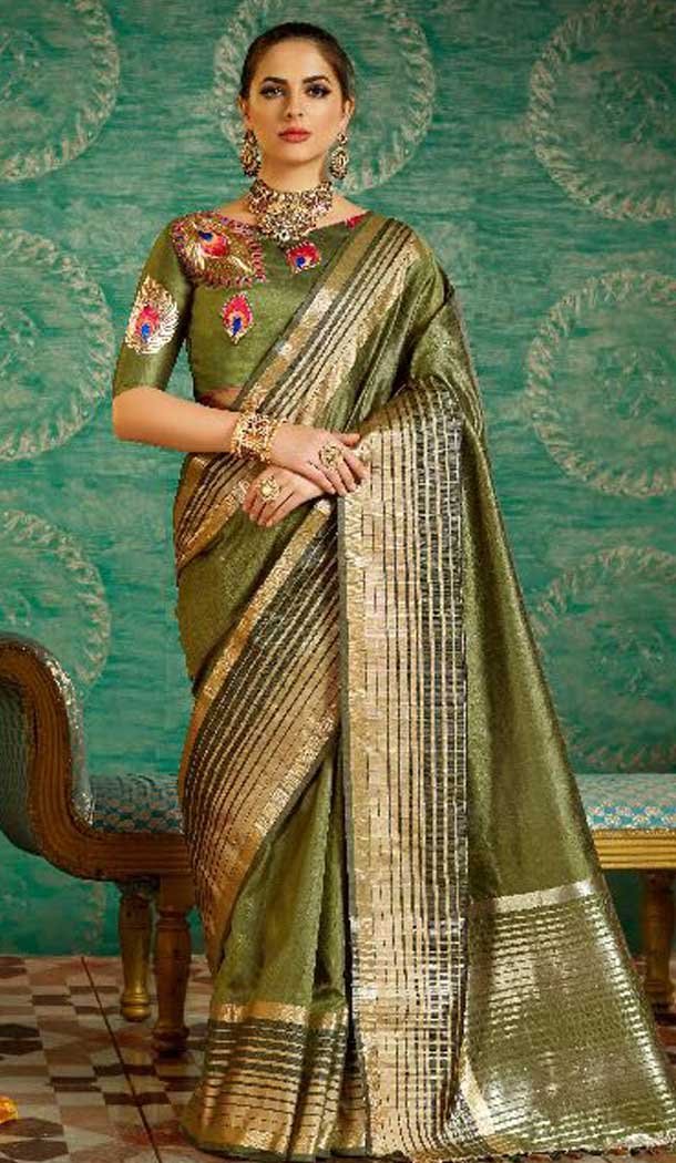 Mehndi Color With Kesar Silk Embroidered Indian Traditional Sarees | FHBEKD36005