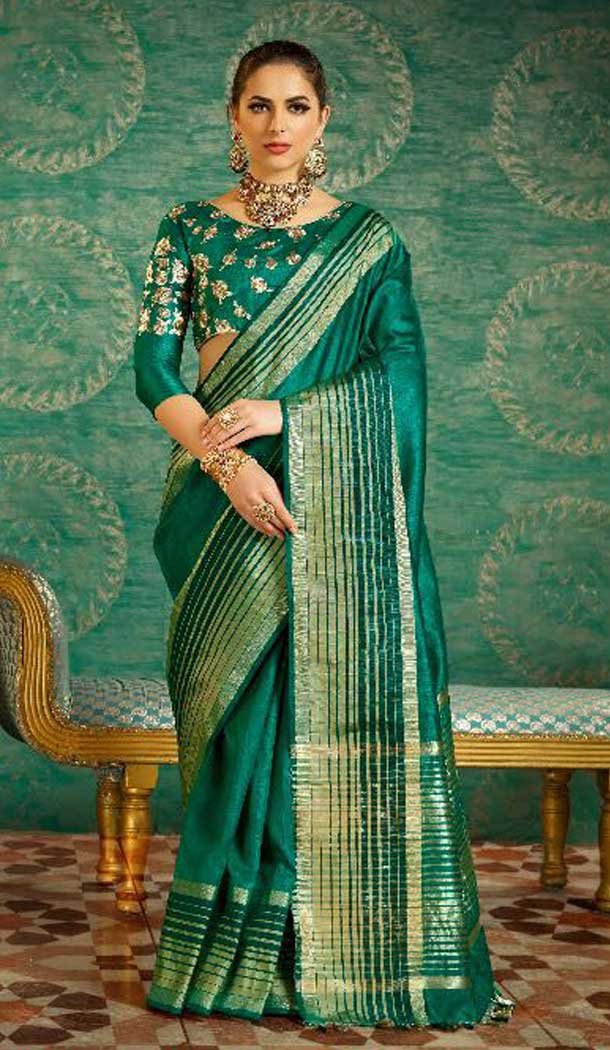 Dark Green Color With Kesar Silk Embroidered Indian Traditional Sarees | FHBEKD36009