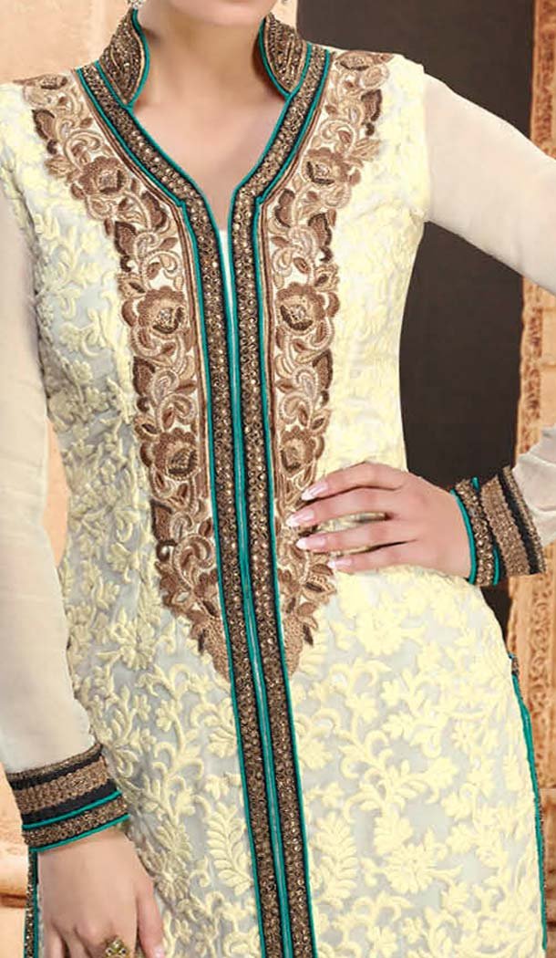 Ravishing Buttercream Faux Georgette Party Wear Churidar Kameez -291951888