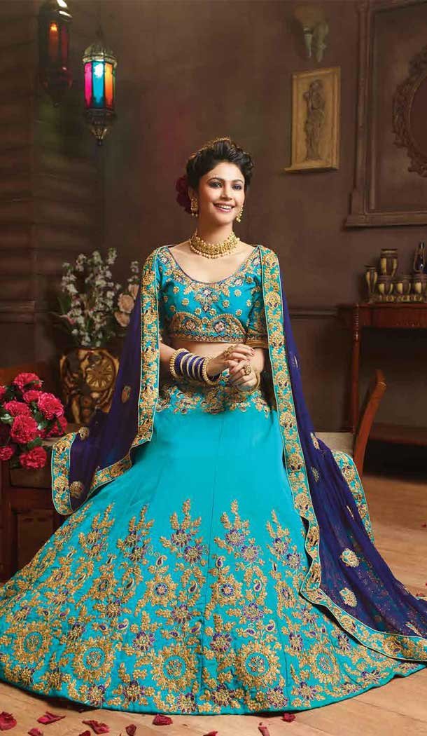 Sky Blue and Royal Blue Color Net with Silk based Designer Embroidered Party Wear Lehenga | FHBEWS10601