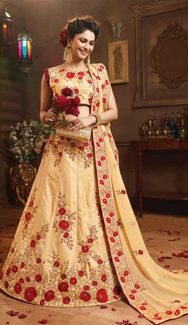 Cream Color Net with Silk based Designer by Red Rose Embroidered Party Wear Lehenga | FHBEWS10605