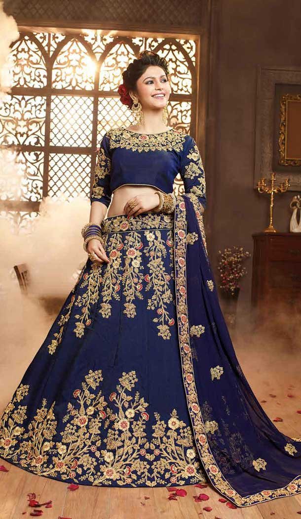 Navy Blue Color Net with Silk based Designer by Golden and red Embroidered Party Wear Lehenga | FHBEWS10607