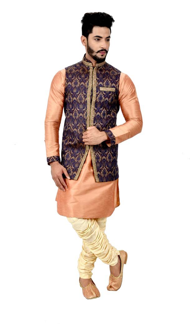 Mens Art Silk Coral Kurta Pajama with Nehru Jecket | FHK13465472