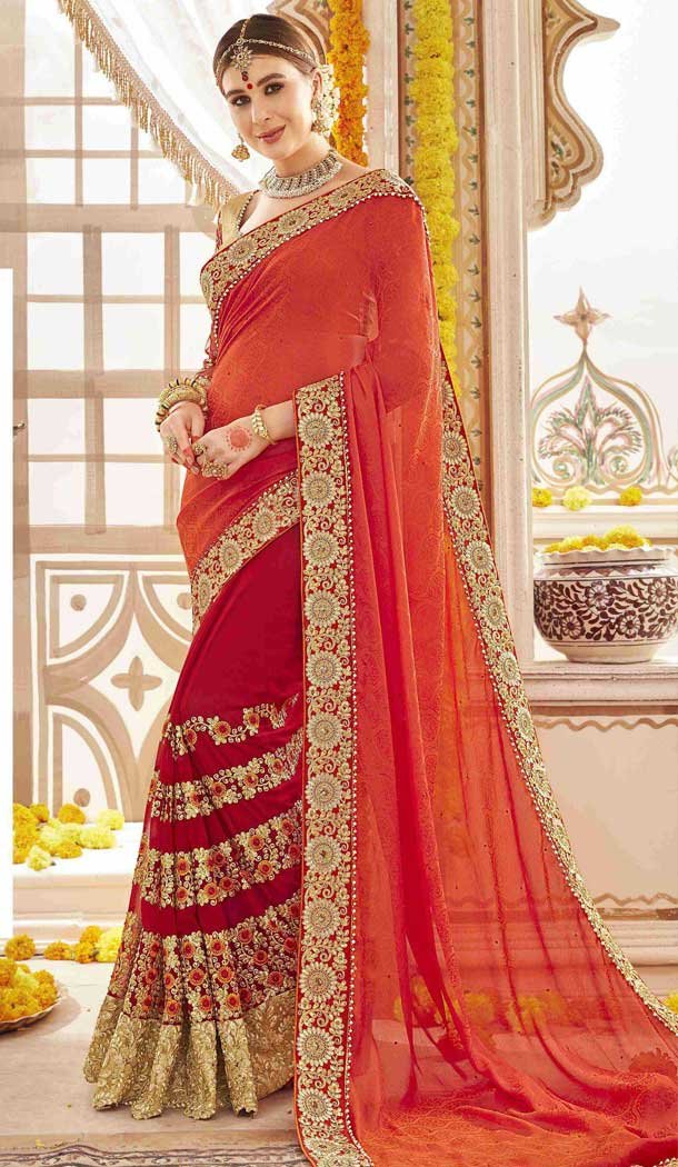 Red and Beige Color Georgette Designers Wedding Bridal Sarees with Brocade Blouse | FHRK248628615