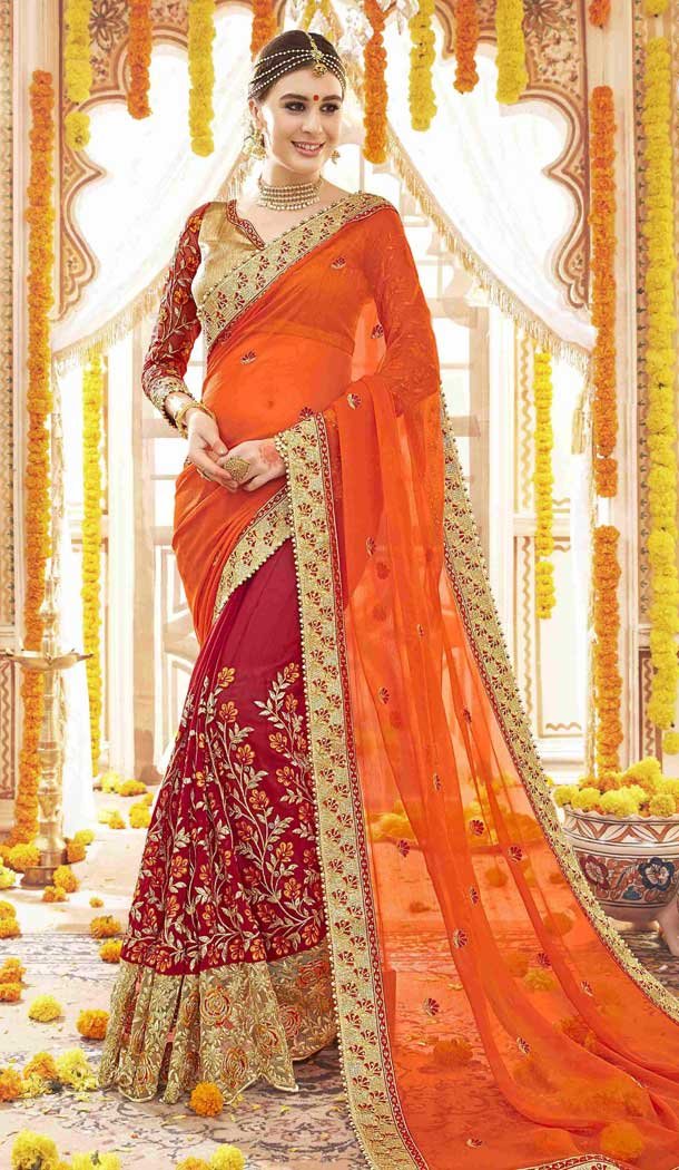 Red and Gold Color Georgette Designers Wedding Bridal Sarees with Art Silk Blouse | FHRK248628620