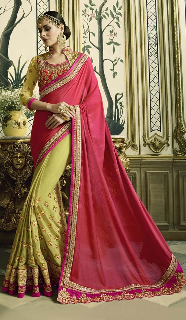 Red & Green Color Silk Crepe Heavy Designer Saree Blouse | FHR232726775