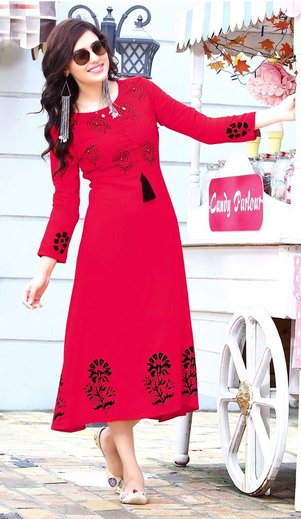 Red Color Rayon Printed Readynmade Kurti | FHR233426864