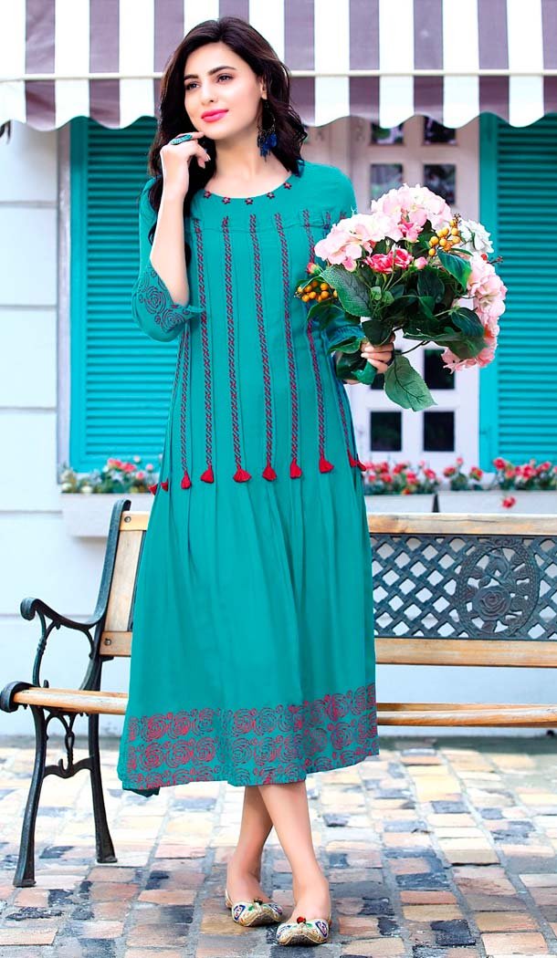 Sky Blue Color Rayon Printed Readymade Kurti | FHR233426868