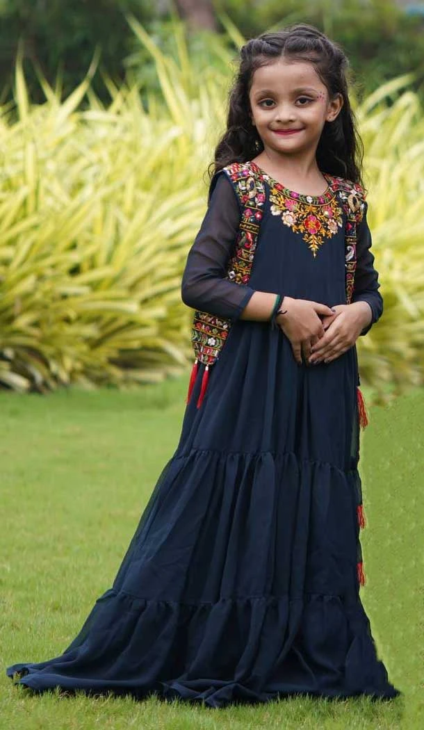 Navy Blue Color Fox Georgette Heavy Embroidered Work Kids Girl Gown -6217168046