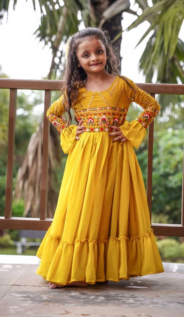 Yellow Color Fox Georgette Heavy Embroidered Work Kids Girl Gown -6217168047