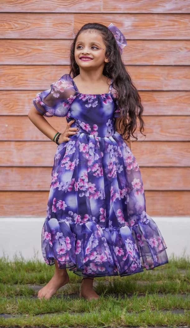 Purple Color Organz Heavy Digital Print Work Kids Girl Gown -6217168048