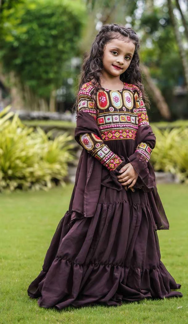 Brown Color Fox Georgette Embroidered Work Readymade Kids Girl Gown -6217168049