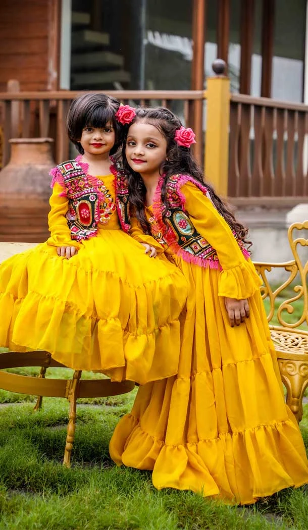 Fox Georgette Yellow Color Embroidered Work Readymade Kids Girl Gown -6217168050