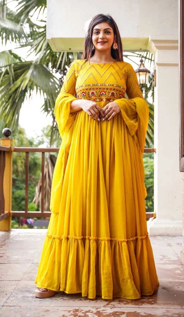 Yellow Color Fox Georgette Embroidered Work Readymade Gown Dresses -6218168053