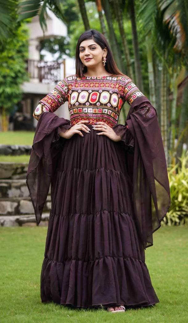 Classy Brown Color Fox Georgette Digital Print Work Readymade Gown Dresses -6218168055