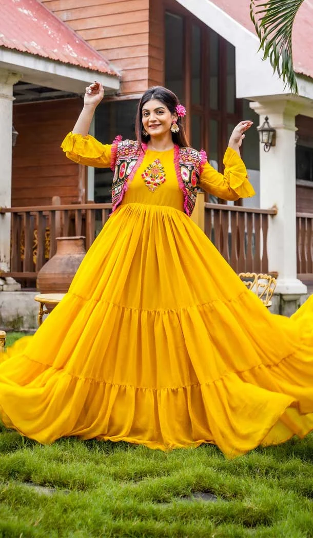 Vivacious Yellow Color Fox Georgette Digital Print Work Readymade Gown Dresses -6218168056