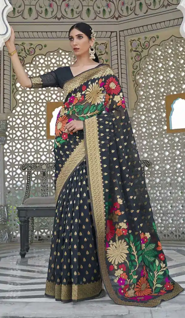Pure Linen Silk Black Color Jacquard Work Traditional Party Wear Saree -6230168123