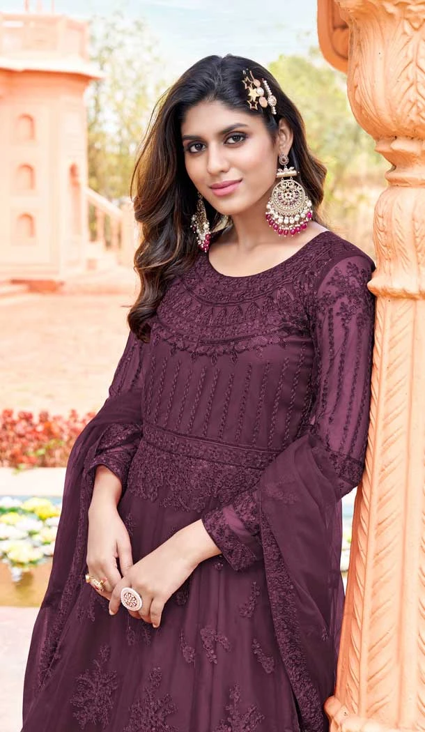 Wine Color Net Embroidery Work Pakistani Style Anarkali Salwar Kameez -6235168154