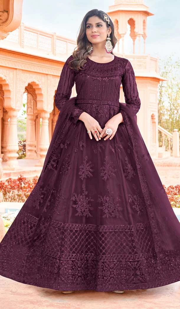 Wine Color Net Embroidery Work Pakistani Style Anarkali Salwar Kameez -6235168154
