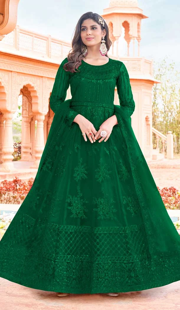 Contemporary Green Color Net Embroidery Work Pakistani Style Anarkali Salwar Kameez -6235168155